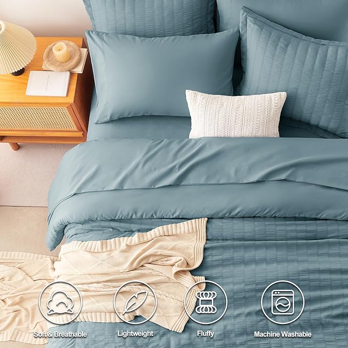 CozyLux King Size Comforter Set Mineral Blue Seersucker 7 Pieces Bed in a Bag King Comforter Set with Sheets, Luxury Bedding Set with Down Alternative Comforter, Sheets, Pillowcases & Shams All Season