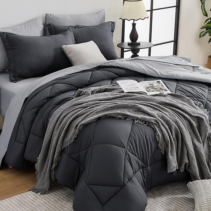 HEVUMYI 120x98 Oversized King Comforter Set - 7-Piece All Season Bed in a Bag Oversized King, Ultra Soft Bedding Set with 120 x 98 Comforter, Flat Sheet, Fitted Sheet, Pillowcases, Dark & Light Grey