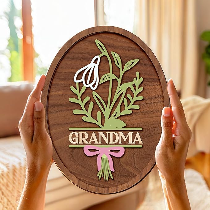 Personalized Birth Month Flower Sign, Custom Grandma Gifts for Mothers Day with Name, Flowers Art Craft Family Keepsake, Birthday Gifts for Women Mom Nana, Grandma's Wooden Sign for Home Decor