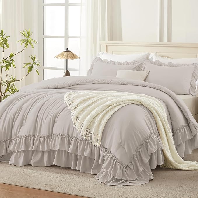 Andency Linen Queen Comforter Set (90x90Inch), 3 Pieces Lightweight Fluffy Ruffle Bedding Sets for Queen Bed, Farmhouse Shabby Chic Soft All Season Bed Set