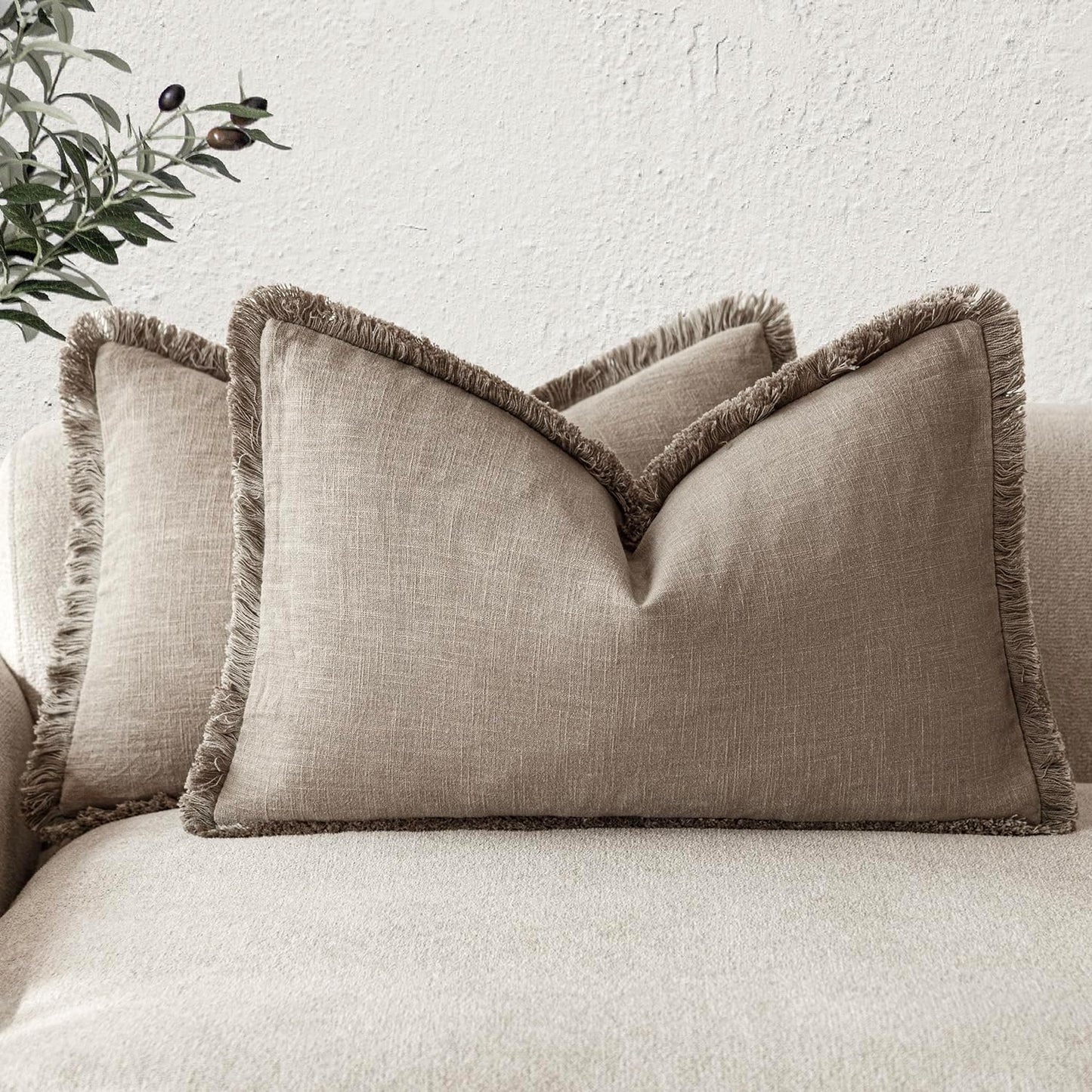 Foindtower Set of 2 Decorative Linen Fringe Lumbar Throw Pillow Covers Boho Farmhouse Cushion Cover with Tassels Soft Accent Pillowcase for Couch Sofa Bed Living Room Home Decor,12×24 Inch,Brown Tan