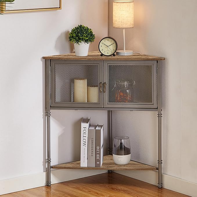 VECELO Corner Cabinet/Table, 3-Tier Display Shelves with Protection Door, Metal Frame Storage Shelf Organizer for Small Space, Living Room, Kitchen, Bathroom