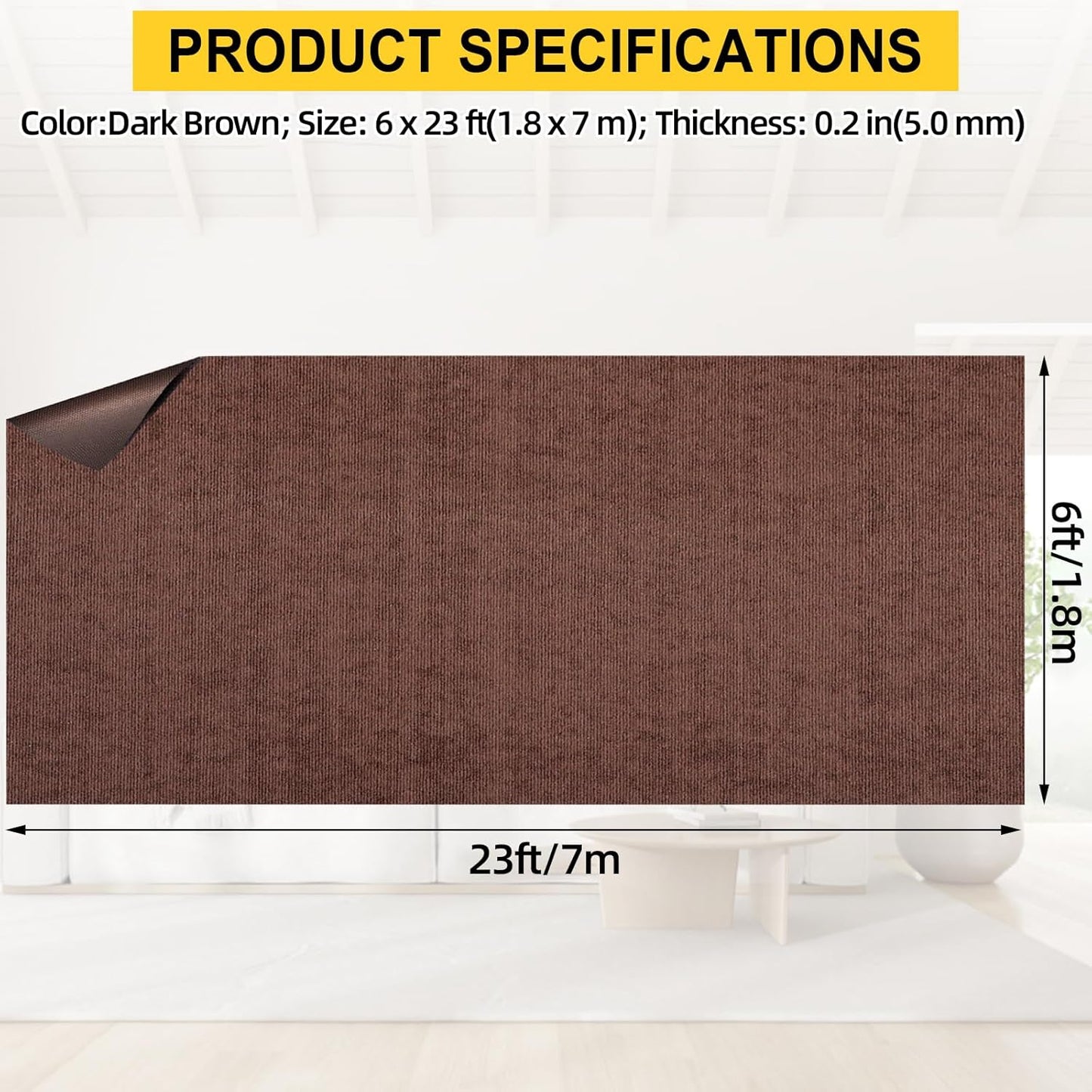 Marine Carpet,6 FT x 23 FT Brown Indoor Outdoor Carpet 0.2" Thick Boat Carpet with Water-Proof TPE Backing, Non-Slide Outdoor Marine Carpet Roll for Home, Patio, Porch, Deck