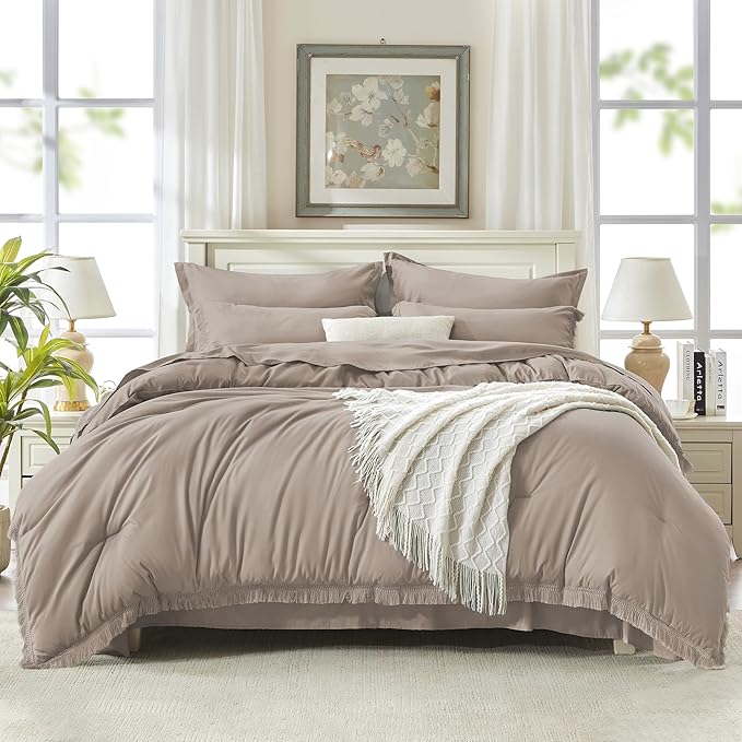 Andency Full Size Comforter Set Khaki -7 Pieces Boho Tassel Bed in a Bag Soft Lightweight Bedding Sets, Fringe All Season Bed Set with Comforter, Sheets, Pillowcases & Shams