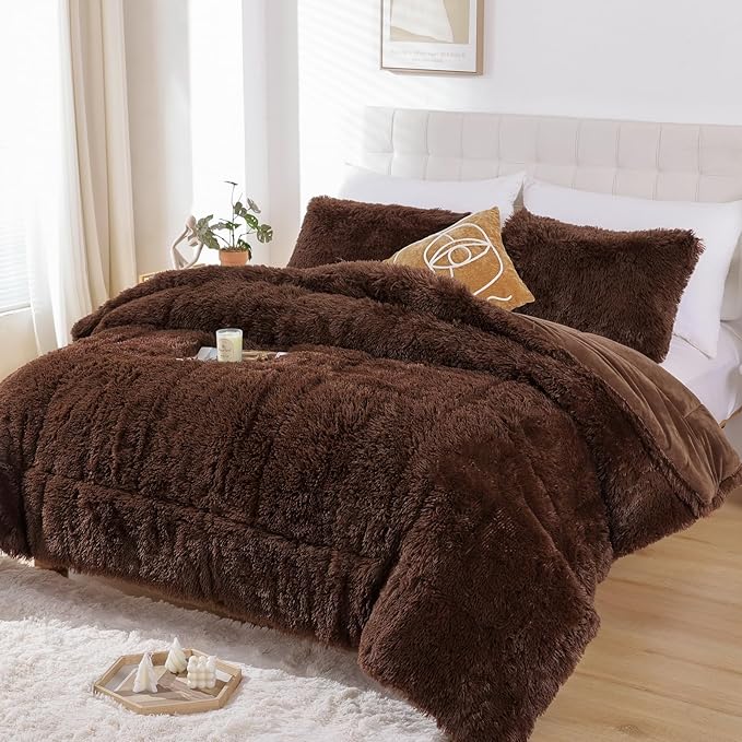 Smoofy Fluffy Queen Comforter Set, Faux Fur Comforter Set Queen Size, Luxury Fuzzy Bedding Set, Soft Shaggy Bed Set for All Season, 3 Pieces - 1 Comforter & 2 Pillowcases, Coffee