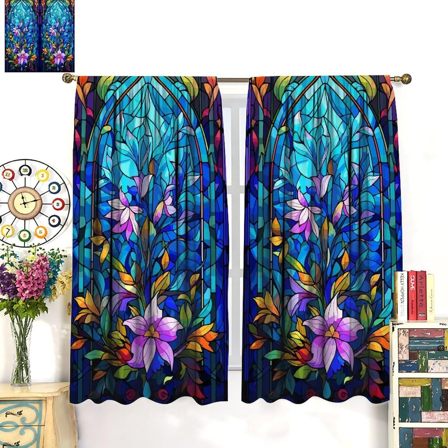 Stained Glass Curtains,Abstract Colorful Floral Geometric Art Home Decor Drapes for Bedroom Living Room Kitchen Window Treatment 2 Panels Set Total Size 84" W X 84" L Inch