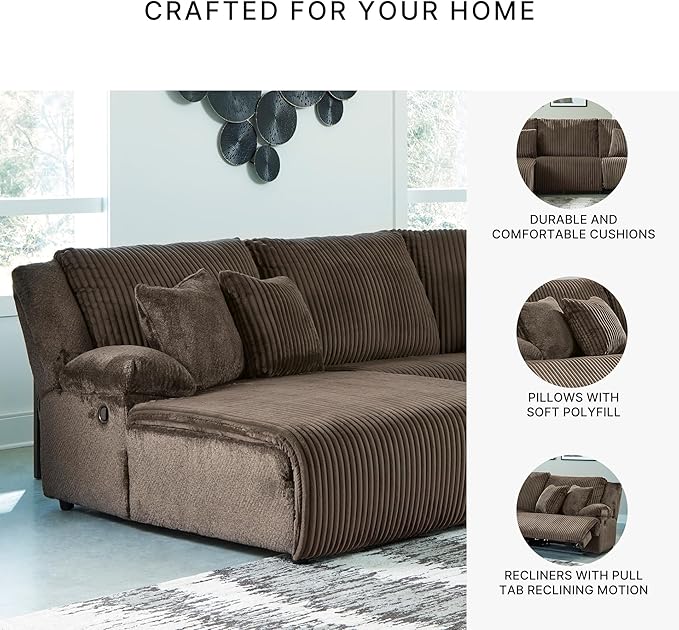 Signature Design by Ashley Top Tier Casual Manual Reclining Left-Arm Facing 3-Piece Sofa Chaise Sectional with 4 Accent Pillows, Dark Brown