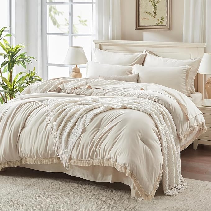 Andency Oversized King Comforter Set Beige 120x98-7 Pieces Boho Tassel Bed in a Bag Soft Lightweight Bedding Sets, Fringe All Season Bed Set with Comforter, Sheets, Pillowcases & Shams