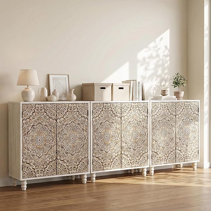 COSIEST Set of 3 32" Buffet Sideboard Cabinets with Vintage Firework Carved Pinewood Doors, Push-to-Open Storage Accent Cabinets, Gray