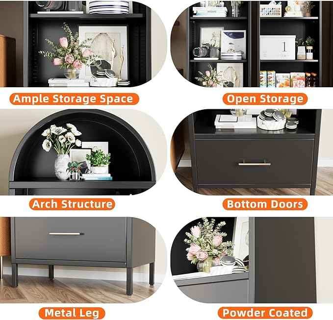 Metal Arched Bookcase Cabinet with 2 Adjustable Shelf, Black Arched Bookshelf with Drawer for Home Office Living Room,Required Assembly