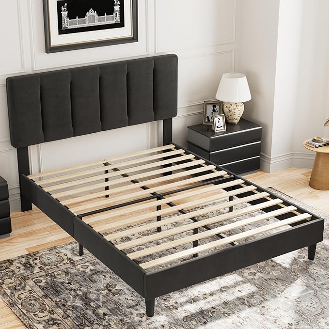 VECELO Full Bed Frame with Upholstered Headboard, Heavy-Duty Platform Bedframe with Strong Wooden Slats Support, No Boxing Spring Needed, Velvet & Black