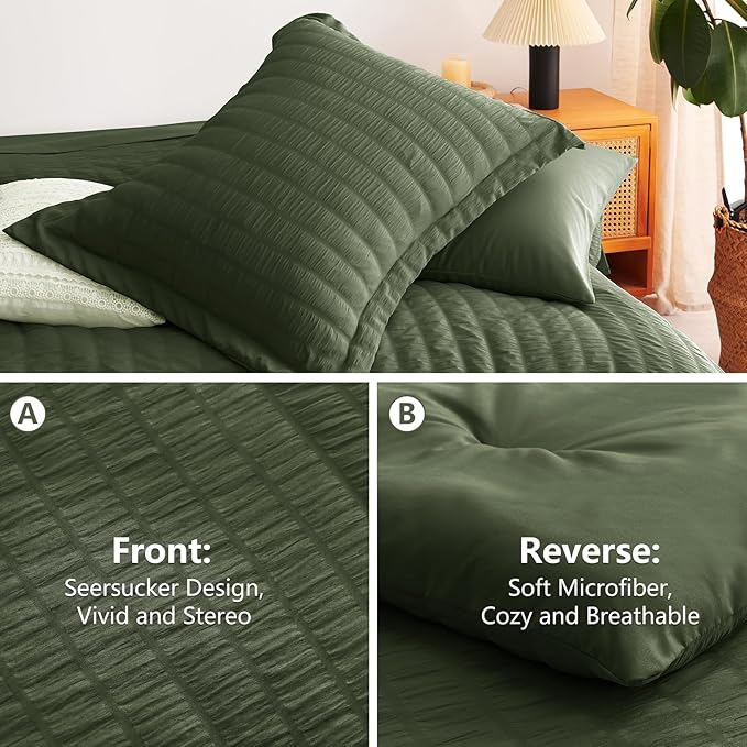 CozyLux Oversized Queen Comforter Set Olive Green Seersucker 7 Pieces Bed in a Bag Queen Comforter Set with Sheets, Luxury Soft Bedding Set with Down Alternative Comforter, Sheets, Pillowcases & Shams