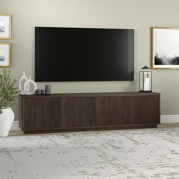 Henn&Hart Fluted TV Stand for TVs up to 85" with 2 Concealed Ribbed Storage Cabinets and Adjustable Shelves for Living Room, Family Room, or Office, Warm Brown