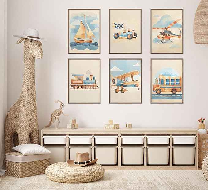 6Pcs Vintage Car Nursery Canvas Wall Art Watercolor Nursery Vehicle Airplane Ship Train Prints Pictures Blue Yellow Transportation Vehicle Painting Wall Decor for Children Room Home Unframed