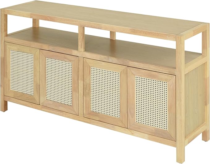 Ball & Cast 60" Rattan Buffet Sideboard Cabinet with Storage, Modern Boho Coffee Bar w/Push-to-Open Doors & Adjustable Shelves, Wood Console Cabinet for Kitchen,Livingroom & Dining Room, Natural