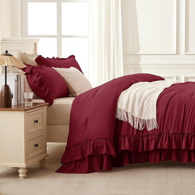 Andency Burgundy Ruffle Comforter Set King, Shabby Chic Farmhouse Bedding Comforter, Soft Lightweight Fluffy Microfiber Bet Set All Season 3 Pieces Solid Comforter Set