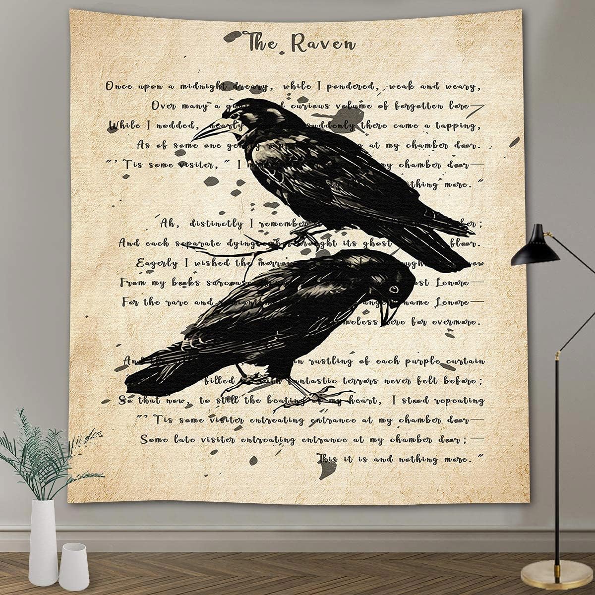 The Raven Wall Tapestry Nevermore Wall Decor Vintage Edgar Allan Poe Gothic Rustic Home Room Wall Hanging Tapestries 84x90 Inches for Living Room Bedroom Dorm GTQQAY1541
