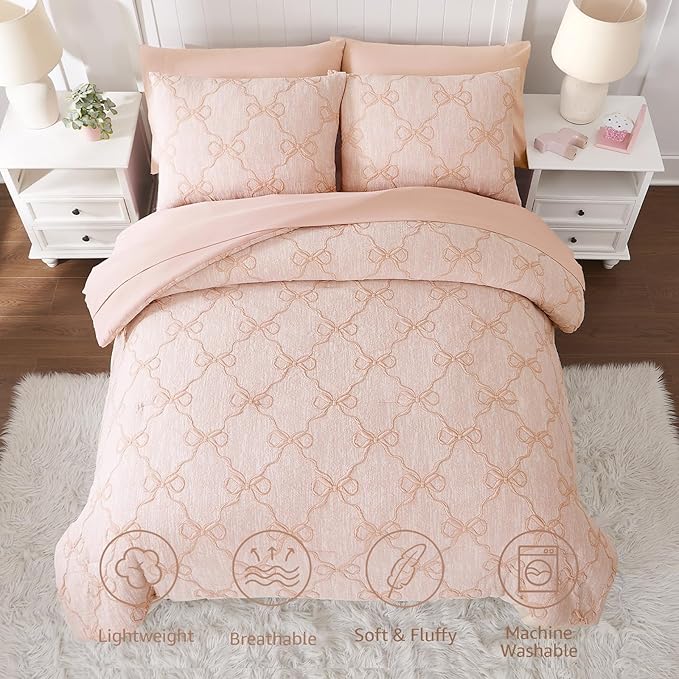 Full Size Comforter Sets with Sheets for Girls-7 Pieces Full Size Bedding Sets with Light Orange Pink Comforter, Sheets, Pillowcases & Shams for Kids (Orange Pink Diamond, 76" X 86")