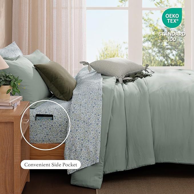 Monbix Queen Comforter Set - 7 Pieces Sage Green Prewashed Bed in a Bag Queen Bedding Sets with Comforters, All Seasons Ultra Soft Comforter Bed Set with Sheets,Pillowcases & Shams