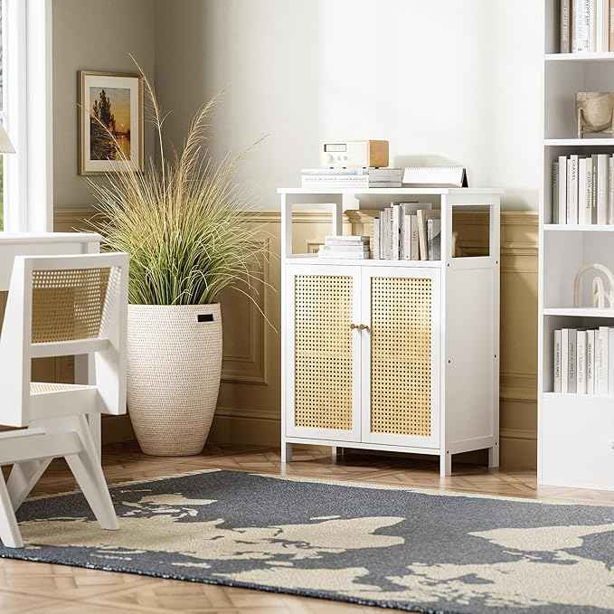 HITNET Bamboo Cabinet, Rattan Storage Cabinet with Doors, Freestanding Floor Cupboard for Bathroom, Living Room, Hallway, White