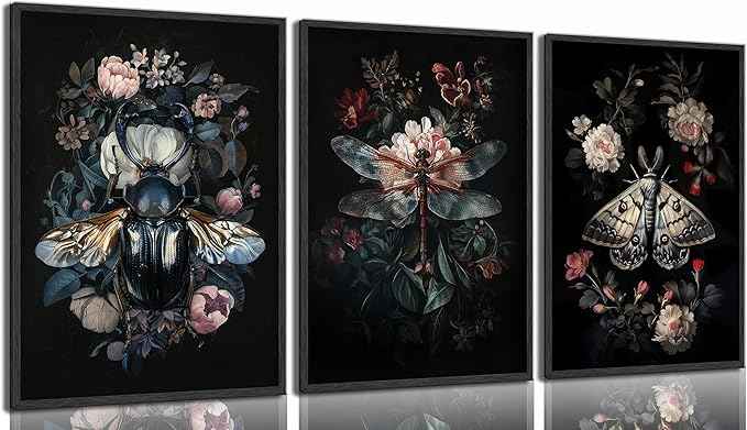 Dark Botanical Insect Canvas Wall Art Gothic Insect And Botanical Posters Prints Dark Academia Moody Floral Cottagecore Art Painting Vintage Dragonfly Beetle Moth Pictures Wall Decor Unframed