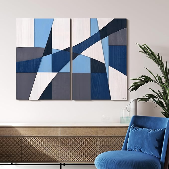 Empire Art Direct Whispers of Blues I & II Hand Made & Hand Finished Solid Paulownia Wood Abstracts Set