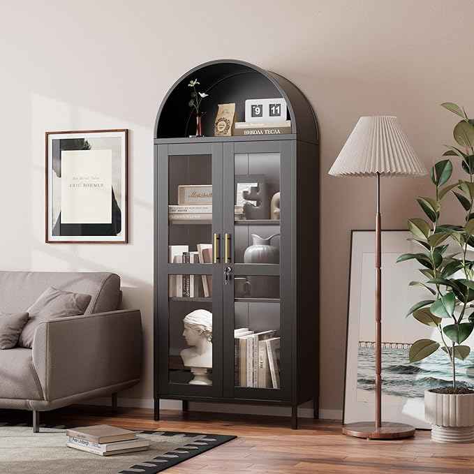 Metal Arched Bookcase Cabinet with 3 LED Strips,Lockable Arched Display Cabinet with Glass Doors for Living Room, Home,Office, Assembly Required (Black)
