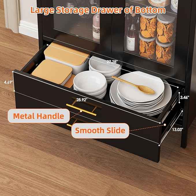 73'' Black Tall Arched Bookcase Cabinet with Glass Doors, Metal Arched Pantry Cabinet with 2 Drawers for Home Kitchen Office,Required Assembly