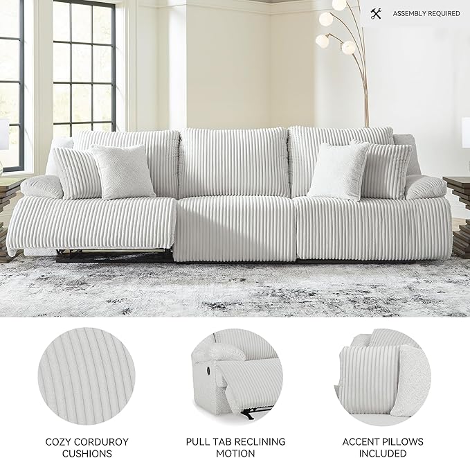 Signature Design by Ashley Top Tier Coastal 3-Piece Reclining Sectional Sofa with 4 Accent Pillows, Light Gray