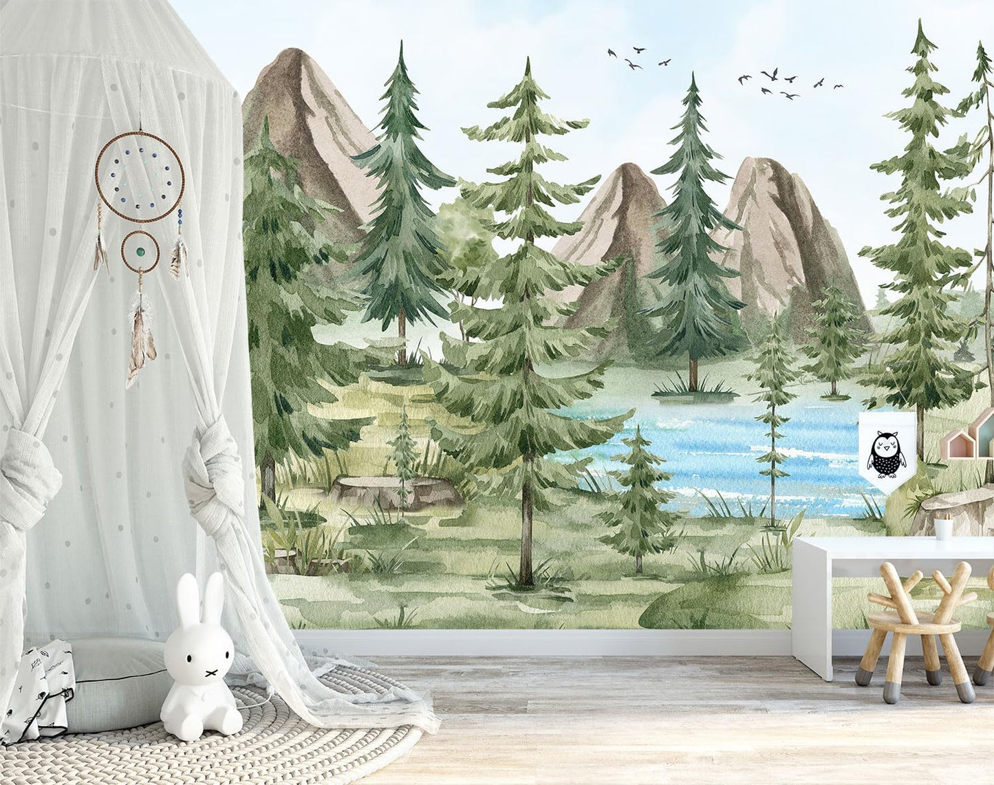 -Watercolor Green Pine Mural Cartoon Forest Fabric Wallpaper Children's Room 100" x 65"(Not Peel and Stick)