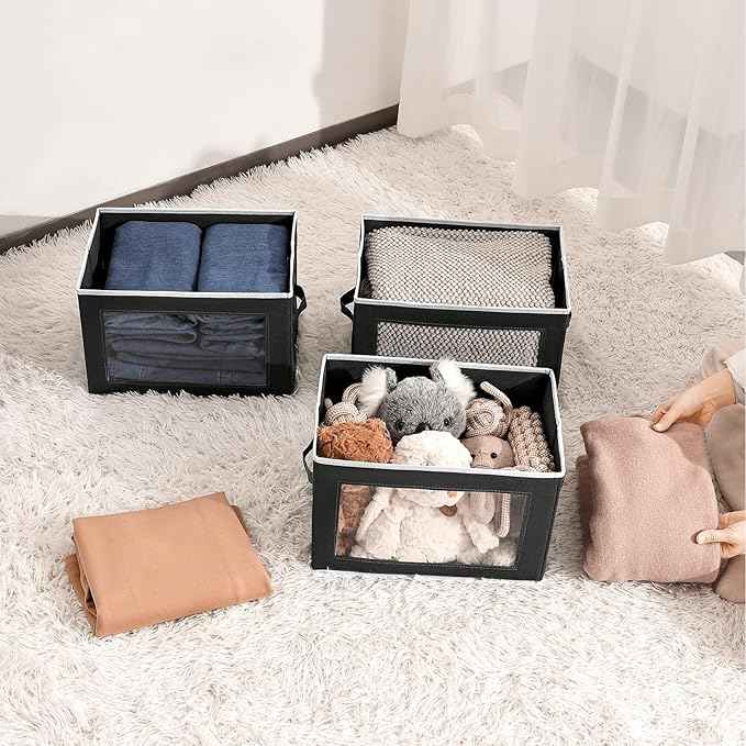 Cube Storage Bins with Lids, Clear Window Storage Baskets for Organizing, Fabric Organizer Bins with Handle, Cloth Storage Bins for Shelves, Closet, Clothes, Towels, 4 Packs, Black