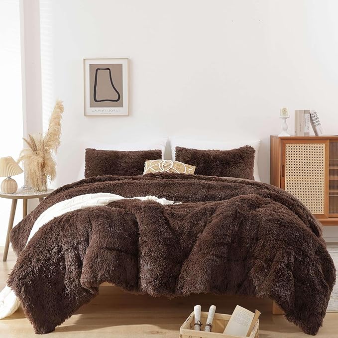 Smoofy Fluffy Full Size Comforter Set, Faux Fur Comforter Set, Luxury Fuzzy Bedding Set, Soft Shaggy Full Bed Set for All Season, 3 Pieces - 1 Comforter & 2 Pillowcases, Coffee