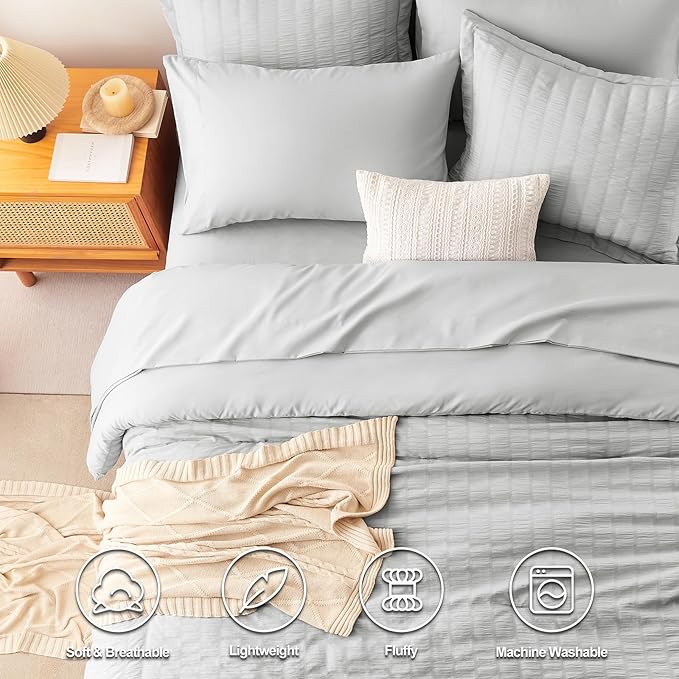 CozyLux Oversized Queen Comforter Set Light Grey Seersucker 7 Pieces Bed in a Bag Queen Comforter Set with Sheets, Luxury Soft Bedding Set with Down Alternative Comforter, Sheets, Pillowcases & Shams