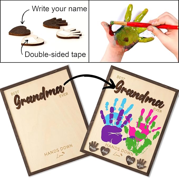 Best Grandma Ever DIY Hands Down Sign Wooden Handprint Frame DIY Gifts, Mother's Day Personalized Gifts for Mom Grandma from Daughter, Son, Kids, Family Memories Sign with Kids Names, Custom Birthday Gift for Mom
