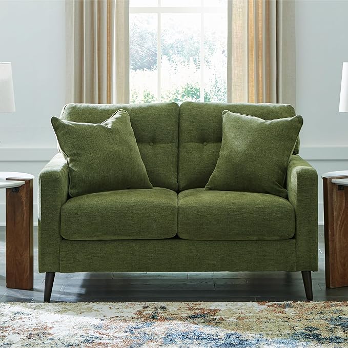 Signature Design by Ashley Bixler Mid-Century Modern Tufted Loveseat with 2 Toss Pillows, Green