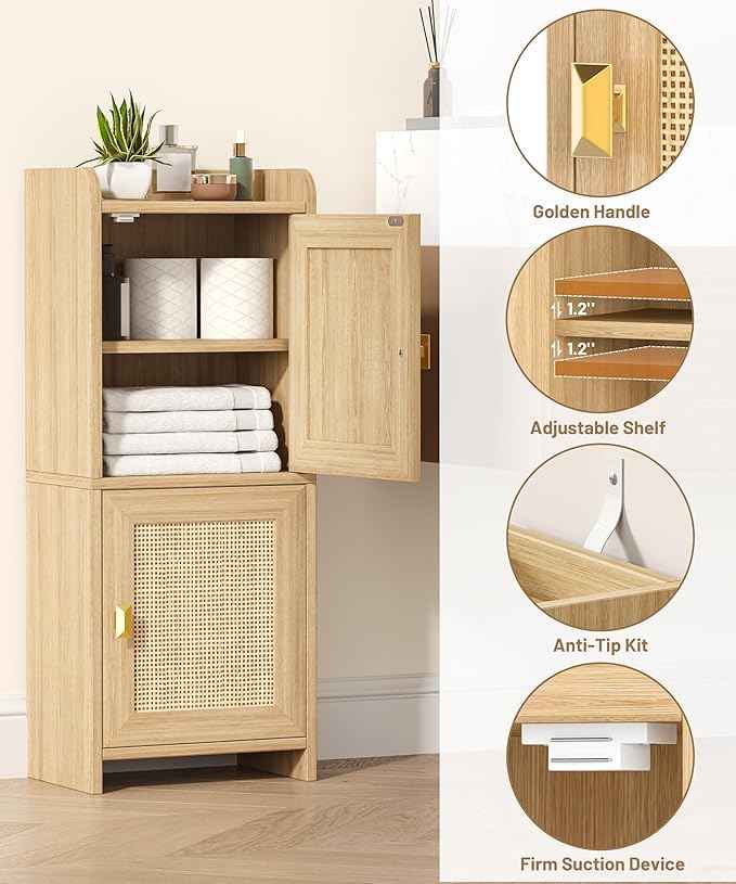 Rattan Small Bathroom Cabinet with 2 Doors, 7.9''D x 11.8''W Narrow Toilet Paper Storage Cabinet, Bathroom Organizer for Small Space, Wooden Slim Corner Unit with Adjustable Shelf, Natural Oak