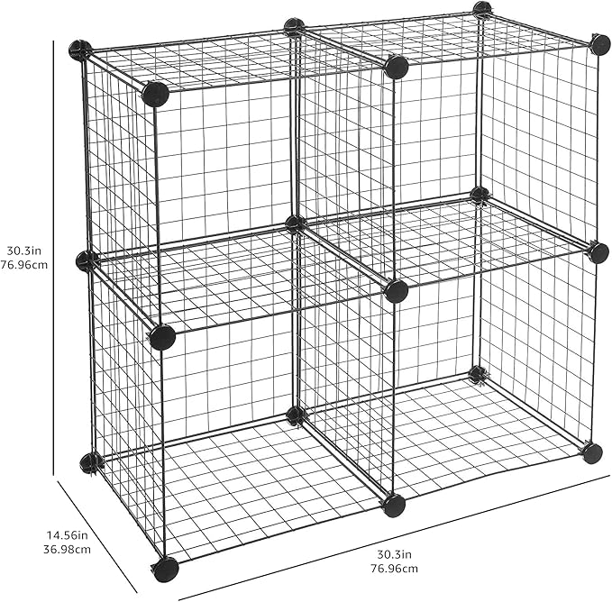Amazon Basics 4 Cube Wire Grid Storage Organizer, Closet Organizer and Shelves, Stackable, Space-Saving, Easy to Assemble, 14"x14"x14", Black