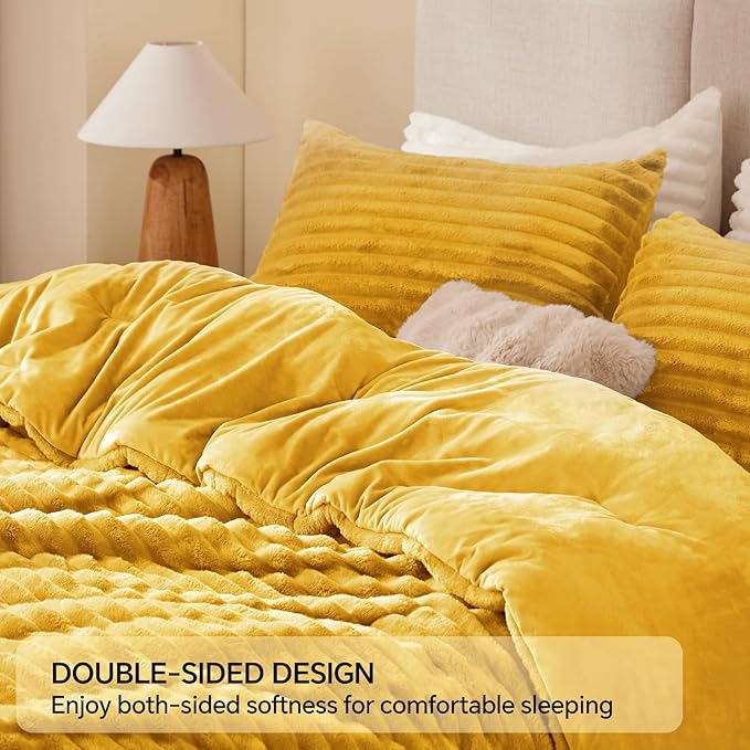 BEDELITE Fleece King Comforter Set -Super Soft & Warm Fluffy Mustard Yellow Bedding, Luxury Fuzzy Heavy Bed Set for Winter with 2 Pillow Cases