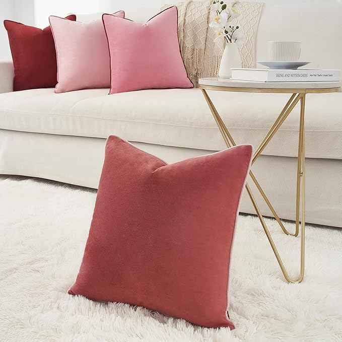 MONDAY MOOSE Decorative Throw Pillow Covers Cushion Cases, Set of 4 Soft Velvet Modern Double-Sided Designs, Mix and Match, Pillow Inserts Not Included (16x16 inch, Pink/Dark Pink)