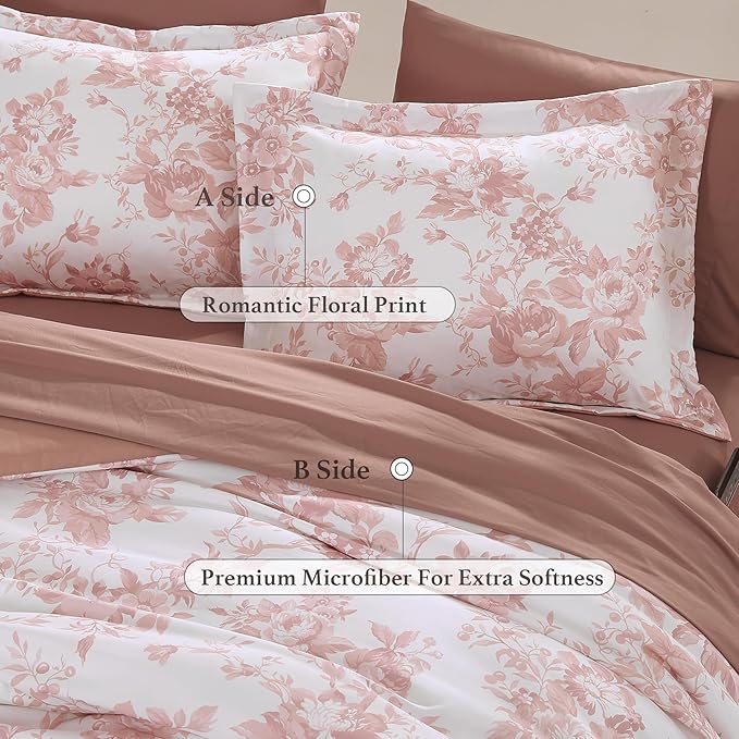 Twin XL Comforter Set -5 Pieces Floral Rose Bedding Set for All Seasons, Bed in a Bag with Botanical Flowers Comforter, Sheets, Pillowcase & Sham