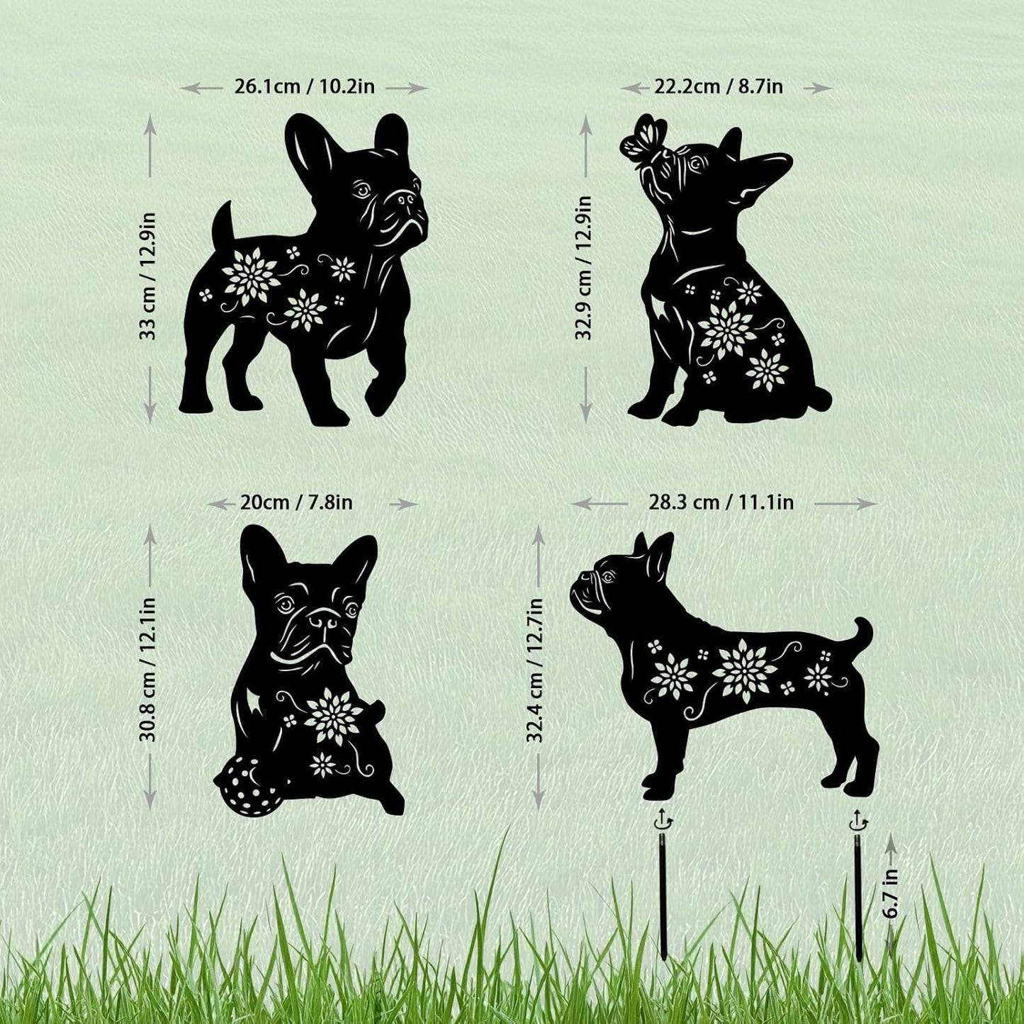 4 Pack Bulldog Metal Garden Decorative Stakes, Weather Proof Puppy Silhouette Statues for Yard, Patio,Outdoor Decor for Bulldog Lovers and Pet Owners