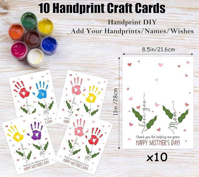 rorusio Flower Handprint Keepsake Card Making Kit- Thank You for Helping Me Grow, 10 Funny Personalized Mothers Day Cards Bulk for Mom from Daughter or Son, Mothers Day Gifts for Wife
