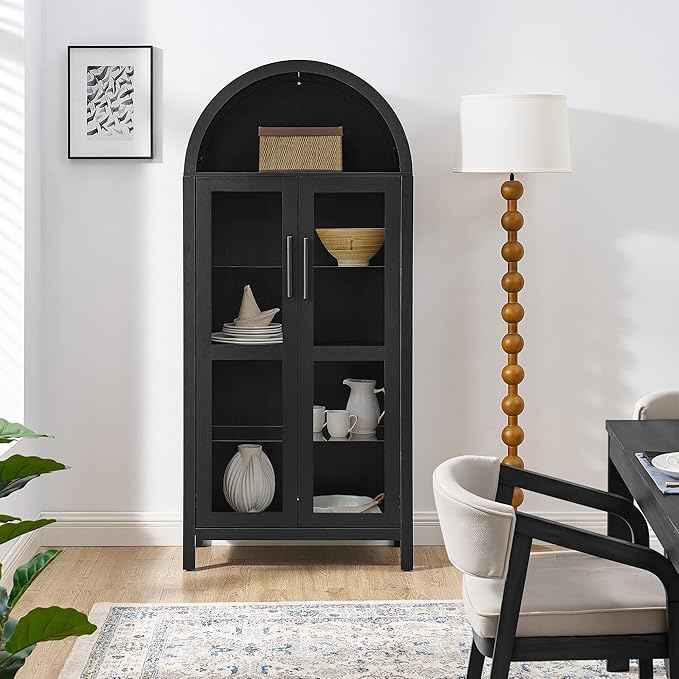 Arched Storage Cabinet with Doors, Display Cabinet with LED Light, 5-Tier Display Cases for Collectibles, Curio Cabinet with Ajustable Shelf for Living Room, Black