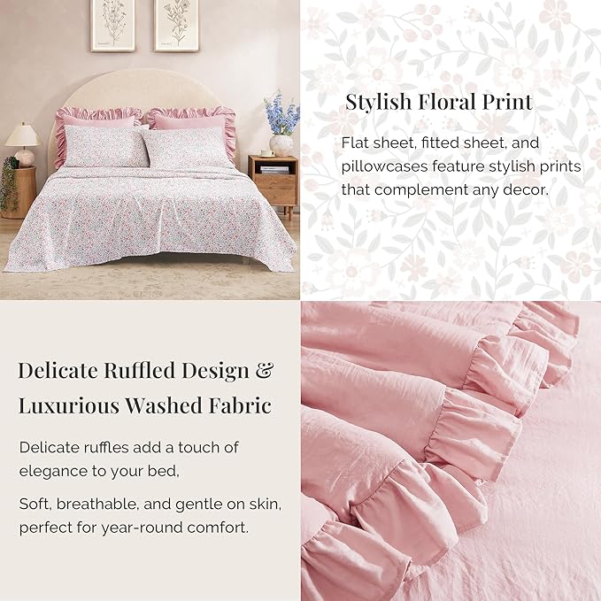 Queen Comforter Set - 7 Pieces Ruffle Soft Pink Bedding Sets, Shabby Chic Farmhouse Bed in a Bag Queen with Ruffle Comforter, Floral Sheets, Pillowcases & Shams