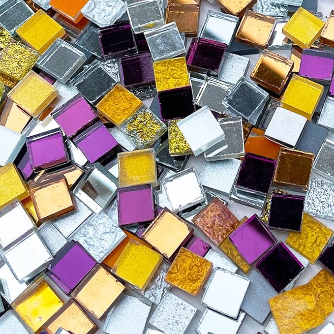 LITMIND 1.1LB Gold, Silver & Purple Mixed Glass Mosaic Tiles for Crafts - 0.4 Inch Square Mirror Glass Pieces, Ideal for Mosaic Art Projects, Puzzles, and Home Décor