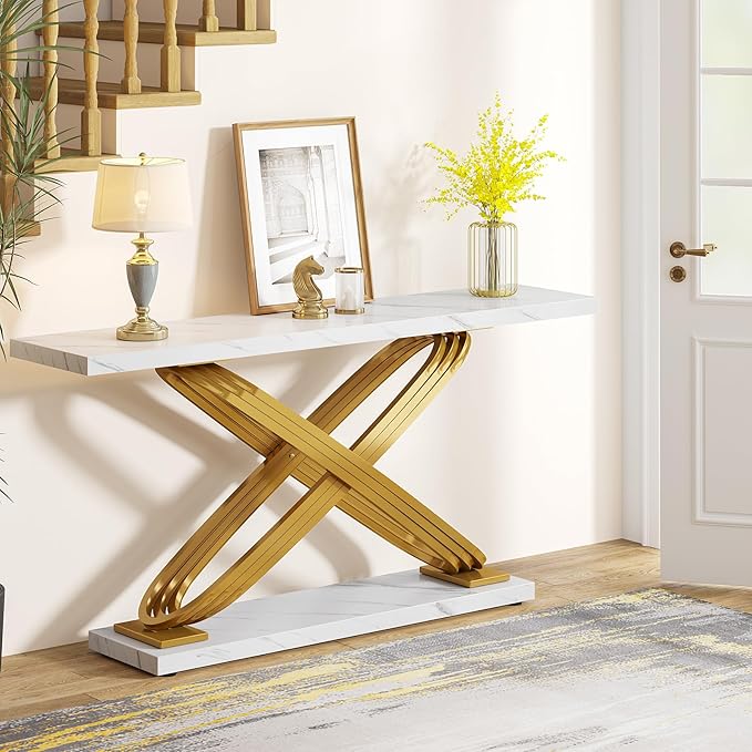 LITTLE TREE Console Table, 55" Long Modern Entryway Table for Living Room, Hallway, Faux Marble White & Gold