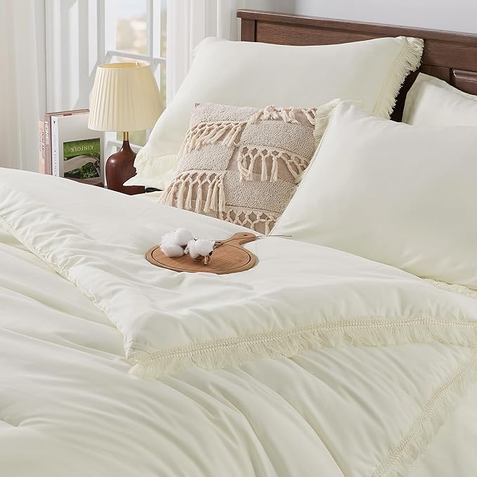 Andency Oversized King Comforter Set Ivory 120x98-7 Pieces Boho Tassel Bed in a Bag Soft Lightweight Bedding Sets, Fringe All Season Bed Set with Comforter, Sheets, Pillowcases & Shams