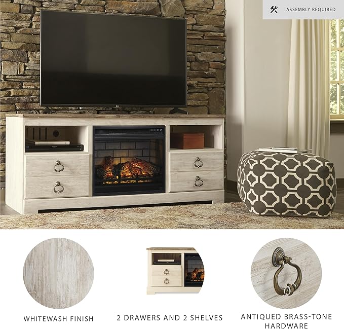 Signature Design by Ashley Entertainment Accessories Vintage 64" TV Stand with Electric Fireplace and LED Lights for TVs up to 72", Whitewash