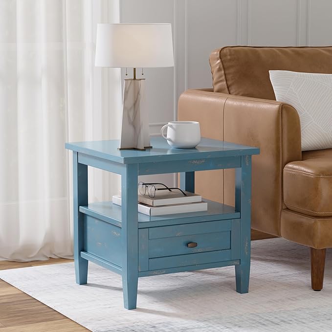 SIMPLIHOME Warm Shaker End Table - 20 inch Wide Solid Wood Square Accent Table in Distressed Coastal Blue, Transitional Side Table for Living Room or Bedroom with Drawer, Open Shelf and Tapered Legs