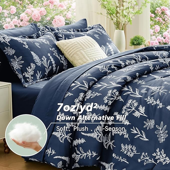 MUXHOMO Navy Blue Twin Comforter Set, Elegant Floral Print Bed in a Bag 5 Pieces, Ultra Soft & Breathable Reversible Botanical Pattern Bedding Set with Comforter, Sheets, Pillowcase, and Sham